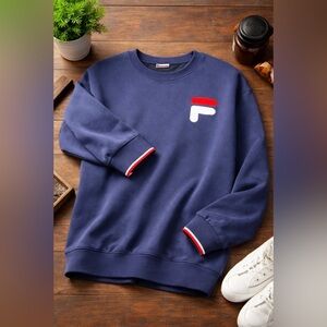 FILA Navy Crewneck Sweatshirt w Logo  Classic Sport Style Unisex Pullover Casual